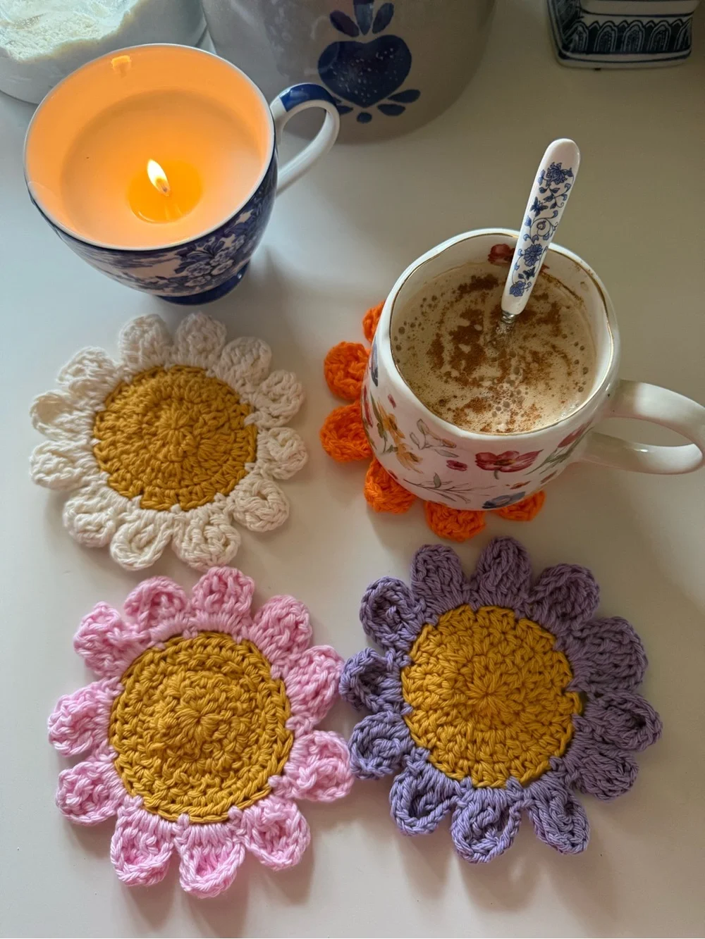 Handmade Crochet Flower Coasters Set of 4 Boho Cottagecor